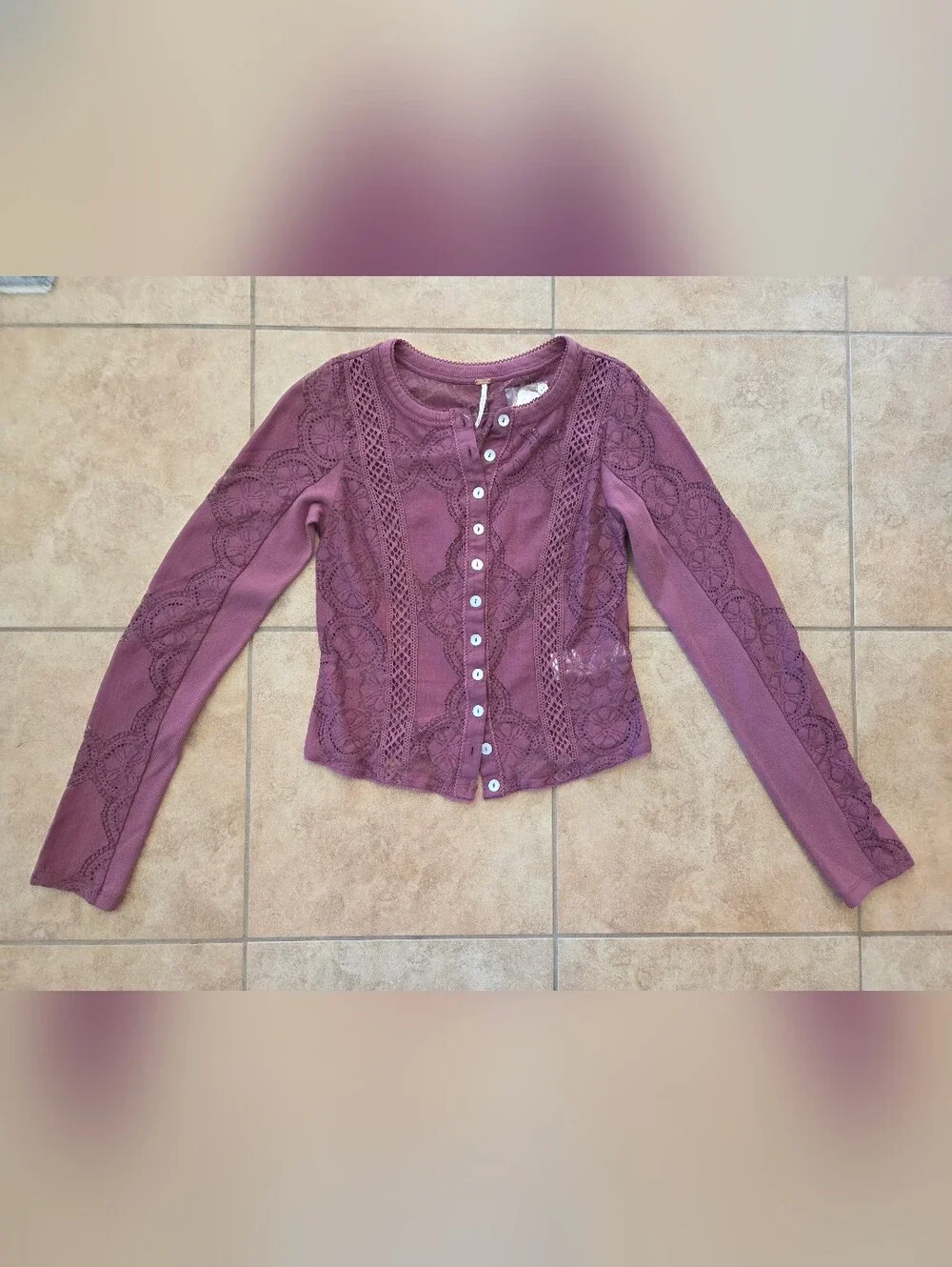 NEW FREE PEOPLE Jae lace knit long sleeve top in crushed berry XS X-SM